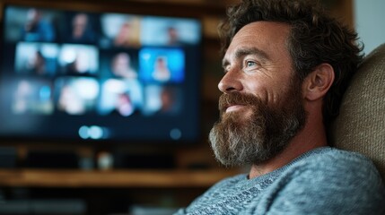 A man with a beard smiles as he participates in a video call, showcasing modern connections and the importance of relationships in a warm home setting.