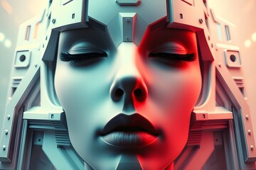 Ultra-detailed close-up of cybernetic woman. Human beauty with cybernetic precision. Futuristic ai robot face with red and blue lighting