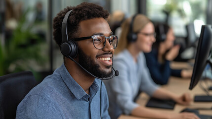 A diverse group of call center agents in a casual meeting, exchanging ideas on enhancing customer satisfaction. Desks with employees wearing headsets are visible in the background,