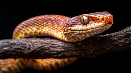 Fototapeta premium Snake on Branch: A captivating close-up of a vibrant snake coiled on a branch against a dark background, highlighting the intricate scales, piercing eyes, and the raw, untamed beauty of the reptile.