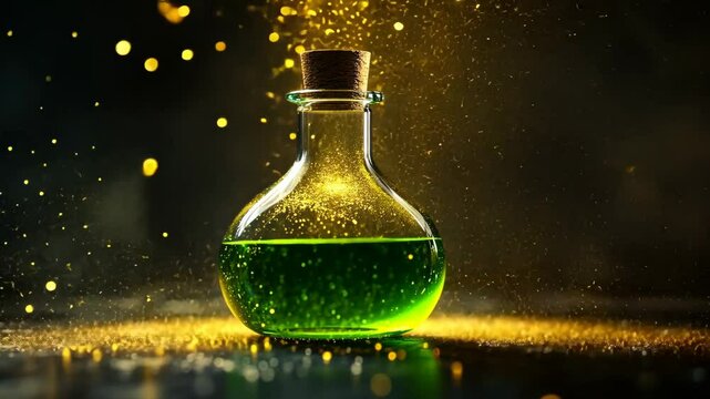 Glowing potion bottle illuminates a mystical atmosphere with vibrant green and golden particles