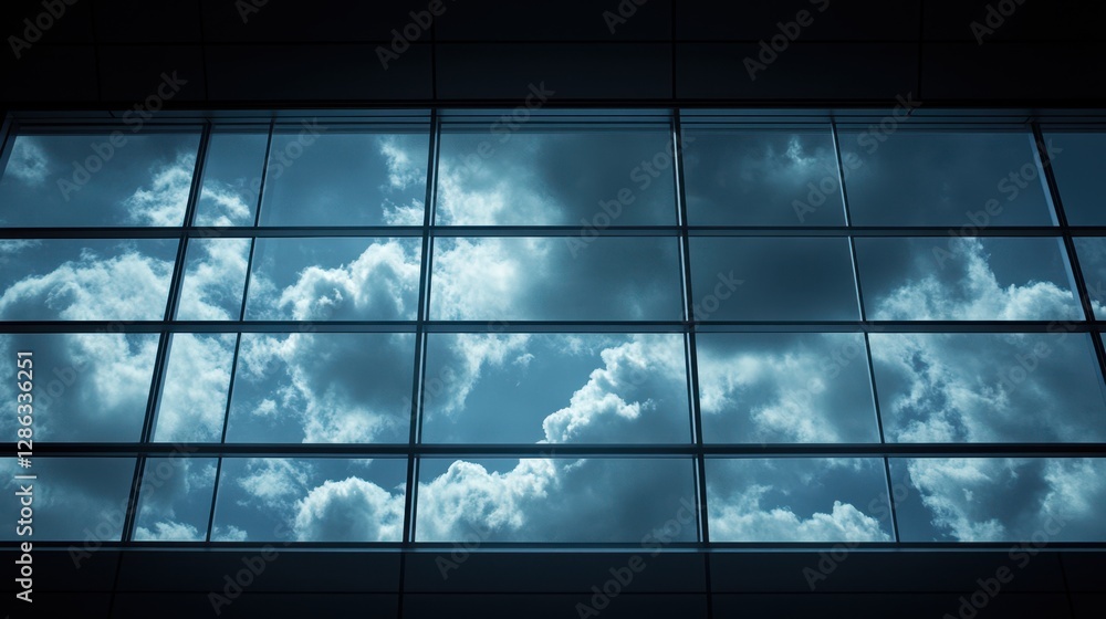 Poster aerial view of a modern building showcasing reflections of the sky and clouds in its large windows, 