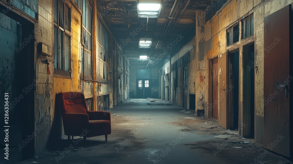 Poster a vibrant red chair contrasts against the shadows of a dimly lit room, illuminated by a soft overhea