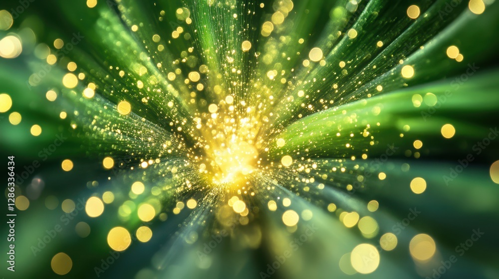 Poster a vibrant close-up view of a green and yellow light burst against a contrasting black background, cr
