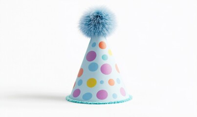 Blue polka dot party hat with pompom on white for celebrations