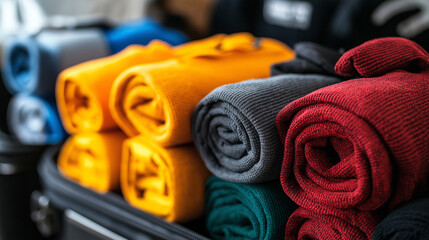 Brightly colored clothes are neatly rolled and placed inside packing cubes as a traveler organizes their suitcase for an upcoming trip. Efficient storage techniques keep everything