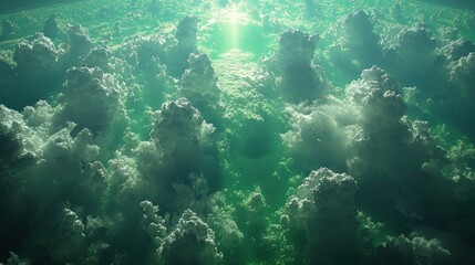 Fototapeta premium Aerial View of Green Clouds with Sunbeam - Serene Sky Scene