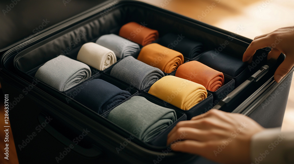 Poster a person thoughtfully arranges rolled shirts, shorts, and dresses into color-coordinated packing cub