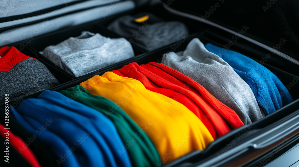 Poster a vibrant array of travel clothes is meticulously packed into packing cubes inside an open suitcase,