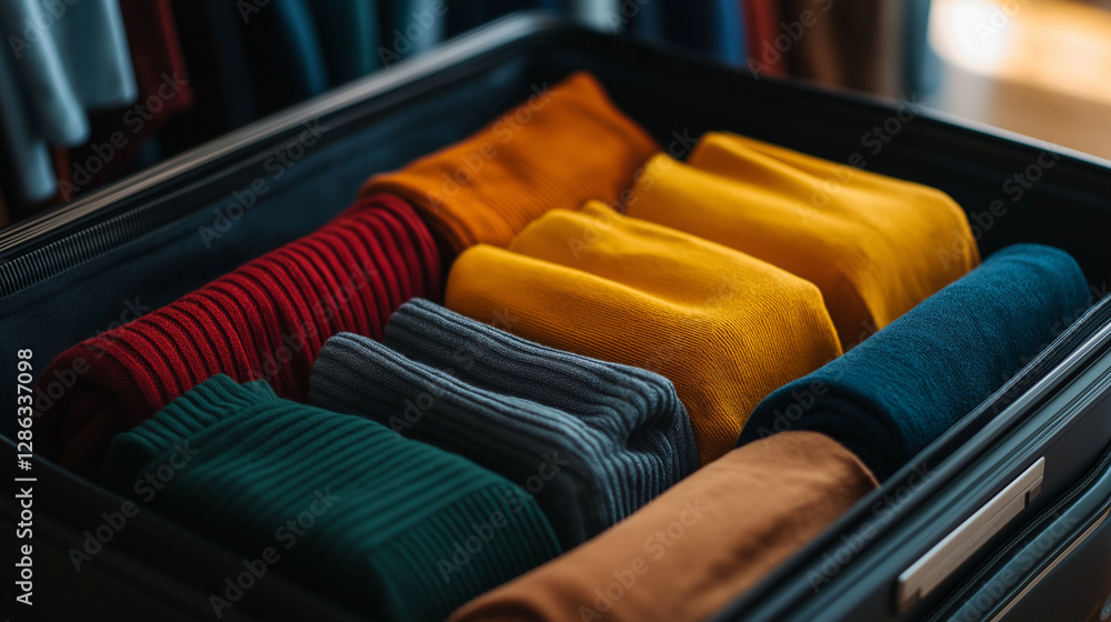 Poster a vibrant array of travel clothes is meticulously packed into packing cubes inside an open suitcase,