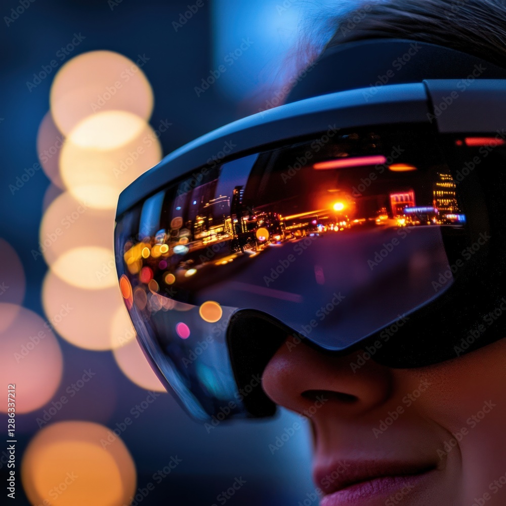 Poster Close-Up of a User Wearing Futuristic Virtual Reality Goggles with City Reflection in Background