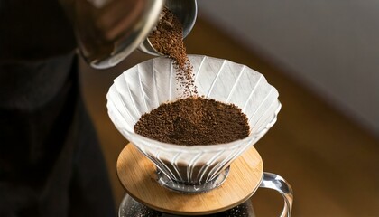 ドリッパーにコーヒーの粉を入れている場面