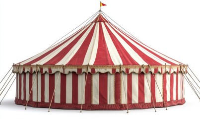 Classic red & white striped circus tent isolated on white for entertainment ads
