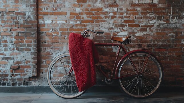 A red knitted blanket on a vintage bicycle leaning against a brick wall