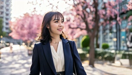春に街を歩くスーツ姿の女性