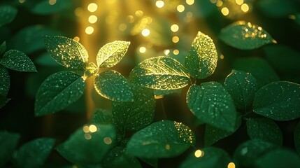 Close Up of Fresh Green Leaves with Water Droplets and Sunlight