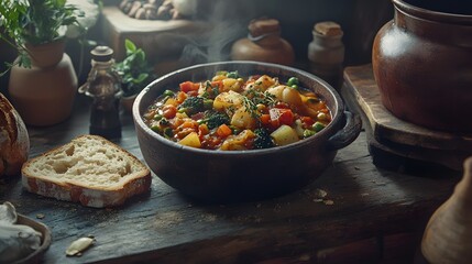 Pojjw 94734 present a cozy scene featuring a rustic bowl brimmi with delicious food and fresh bread on a wooden table in warm lighting ambiance midjourney_pojjw_94734_