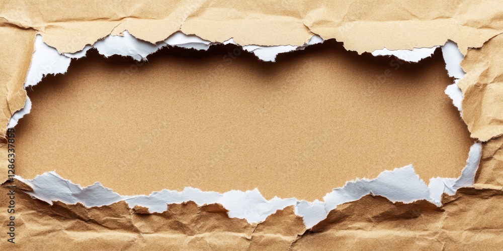 Poster a detailed close-up of brown paper featuring distinct torn edges, showcasing the texture and color v