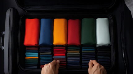 A travel-savvy individual arranges packing cubes inside an open suitcase, neatly fitting colorful clothes in a way that maximizes space and efficiency.