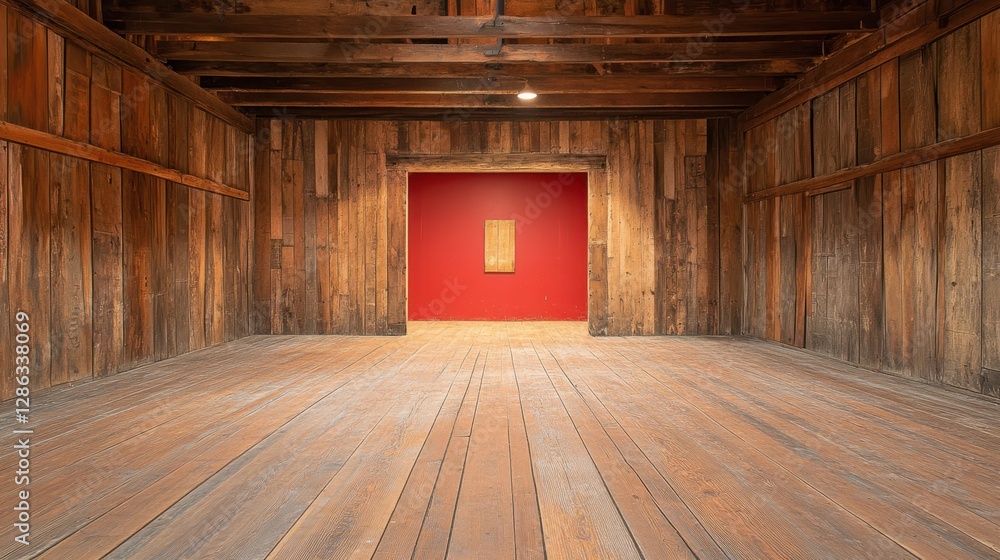 Poster a vibrant red door stands prominently within a rustic wooden room, creating a striking contrast and 