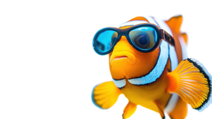 Clownfish wearing sunglasses swims playfully against a white background in a vibrant underwater setting