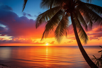 Coconut palm trees against colorful sunset on the beach