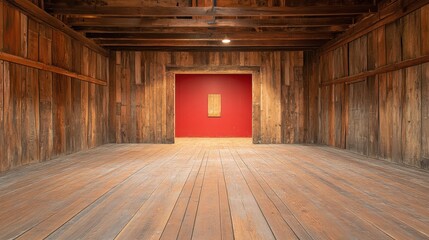 A vibrant red door stands prominently within a rustic wooden room, creating a striking contrast and inviting curiosity about the space beyond.