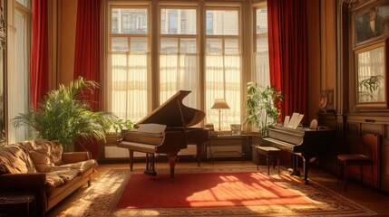 A cozy room featuring a grand piano and a comfortable couch, creating an inviting atmosphere for relaxation and musical inspiration.