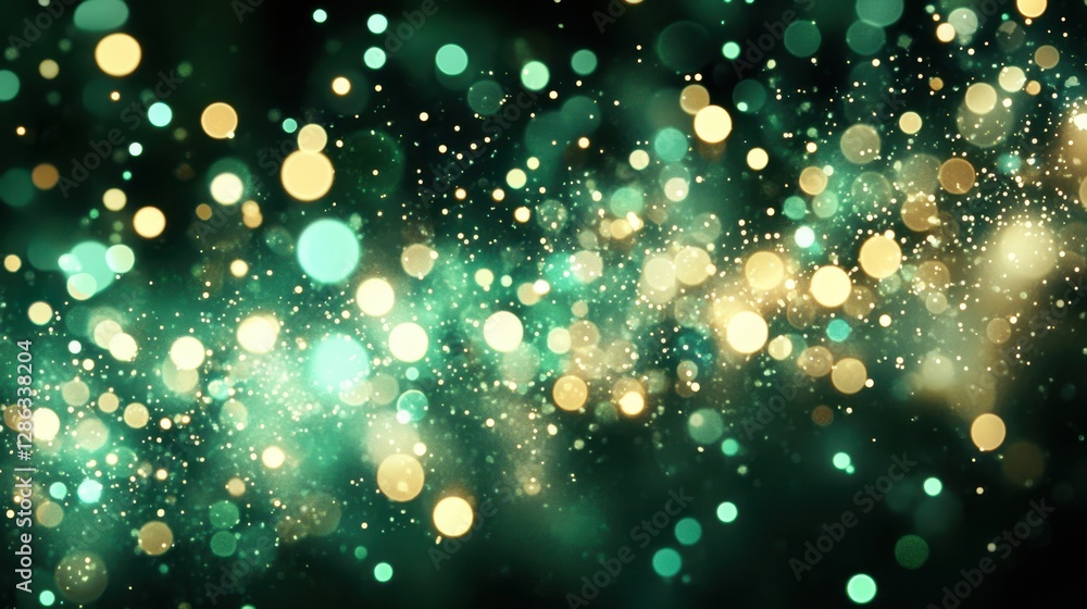 Poster a vibrant close-up of a green and gold background adorned with numerous sparkling lights, creating a