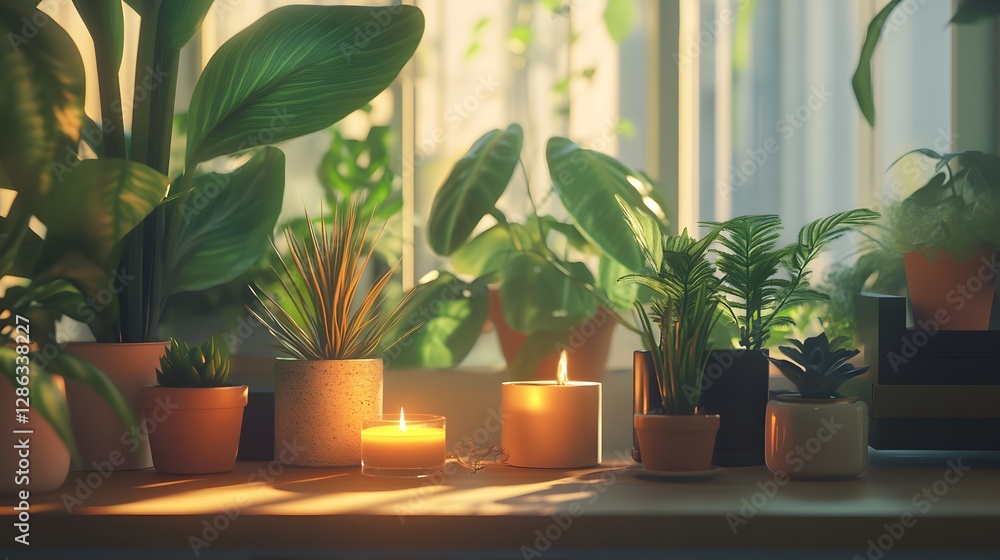 Poster a visually appealing 8k image of a calming atmosphere with plants and candles creating a serene ambi