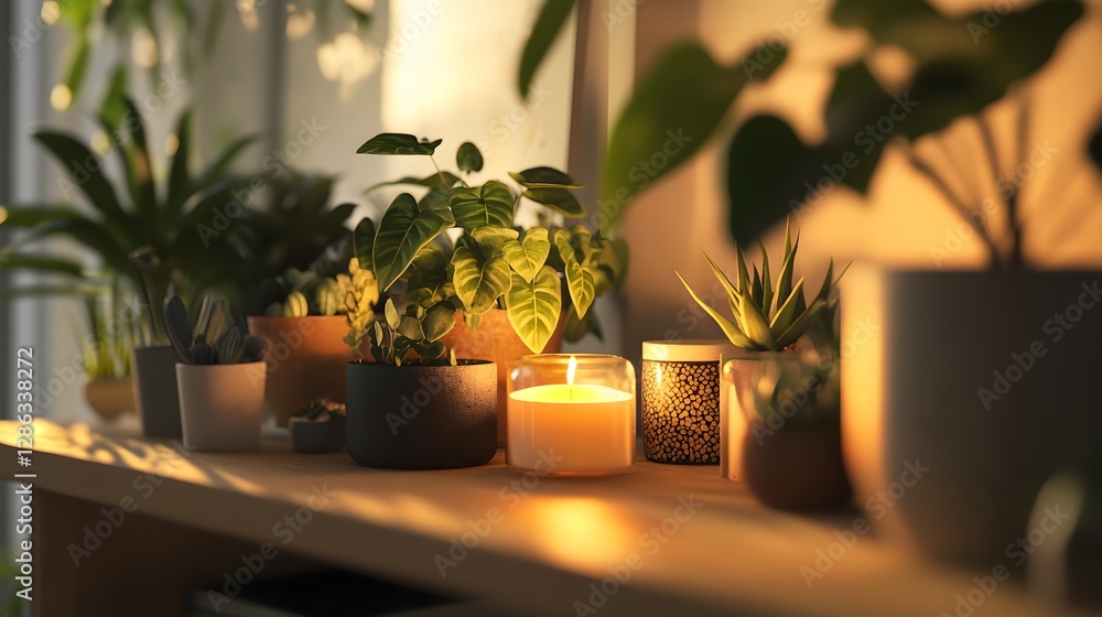 Poster a visually appealing 8k image of a calming atmosphere with plants candles and decorative elements fo