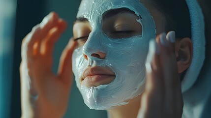 Naklejka premium a detailed 8k image featuring a close-up of a woman with a facial mask on showcasing beauty and self-care in a serene environment 