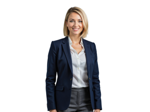 A professional woman wearing a business suit stands against a transparent background