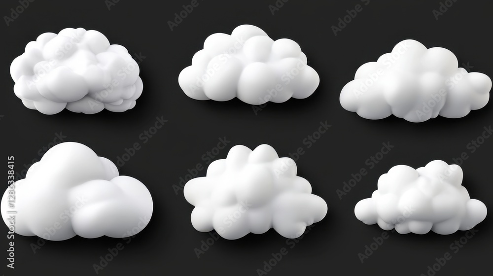 Poster collection of eight fluffy white clouds isolated on a dark gray background. 3d rendered clouds with 