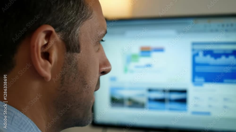Poster person engaged in data analytics at a computer workstation, analyzing graphs and charts. the environ