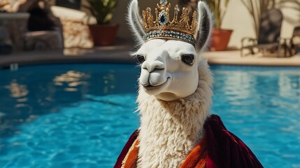 Obraz premium A royal stuffed llama with a velvet cape and jeweled crown on pool background