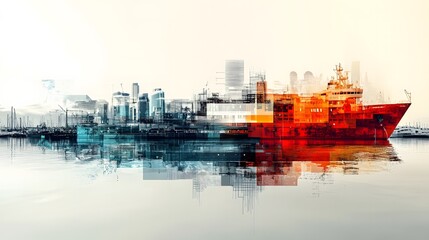  a timeline or graphic representation of  a large red boat in calm water under clear skies 