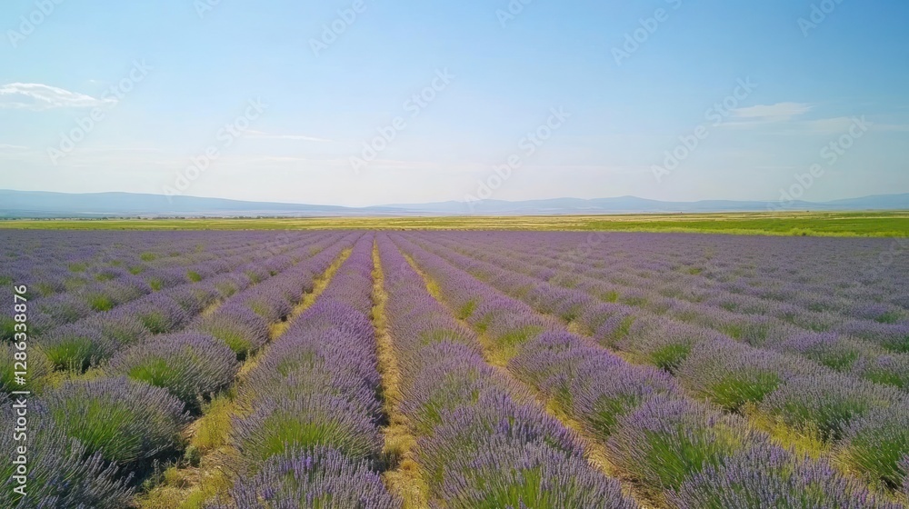 Poster aerial view of a vast lavender field under a clear sky. rows of purple lavender plants stretch to th