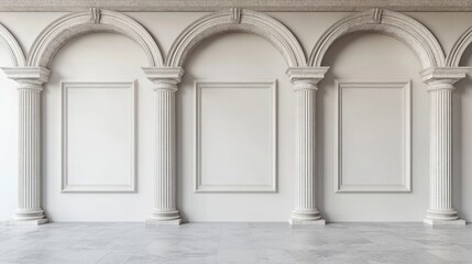 Elegant white gallery featuring arched columns and framed artwork