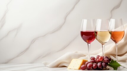 An aesthetically pleasing display featuring three glasses of wine alongside a selection of fresh grapes and cheese, inviting a sense of sophistication and enjoyment.