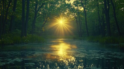 Obraz premium Sunlight Through Forest Trees Reflected in Calm Water at Sunset