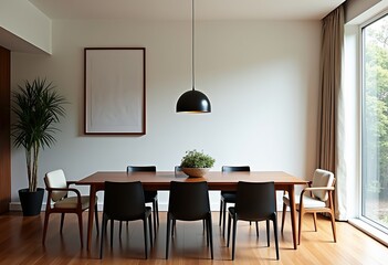 Elegant Mid-Century Dining: Natural Light, White Walls, and a Blank Wall Awaiting Art - Wood Floors, Pendant Lighting, and Peaceful Nature View.


