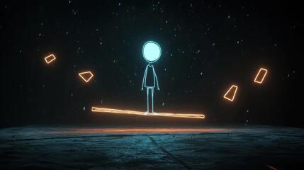 Floating Stick Figure in an Abstract Glowing Environment