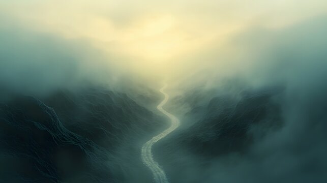 Capture a mysterious image of a winding road disa through the foggy mountains with a river flowing beside it creating an enchanting atmosphere 