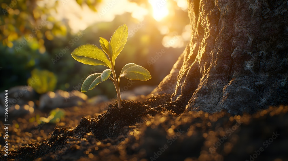 Poster capture a powerful image of a small vibrant seedl growing from rocks surrounded by soil and sunlight