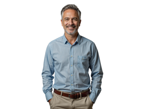 A man wearing a light blue button-down shirt and khaki pants stands in front of a plain background, smiling warmly.