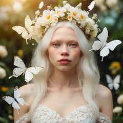 Beautiful albino girl wearing a flower crown surrounded by butterflies