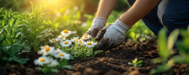 A gardener carefully planting daisy flowers, surrounding by vibrant green leaves and rich soil, gentle sunlight, natures care, highresolution, soft and inviting garden scene