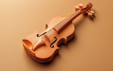 Fototapeta premium Origami violin with paper strings and curved body, finely detailed, on warm brown background
