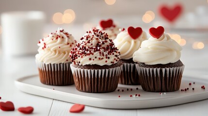 A selection of delightful cupcakes, adorned with heart-shaped decorations, sits on a white plate, inviting enjoyment for special occasions and celebrations.